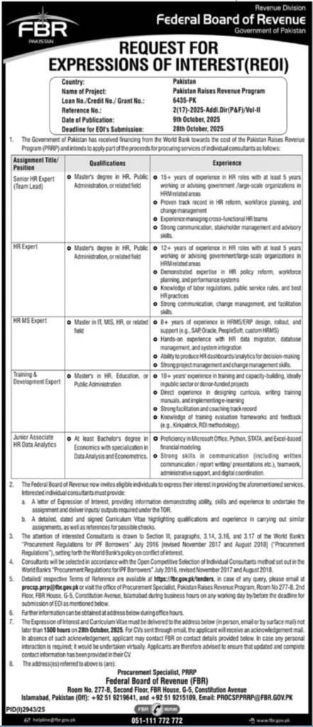 Federal Board of Revenue FBR Jobs Online Apply